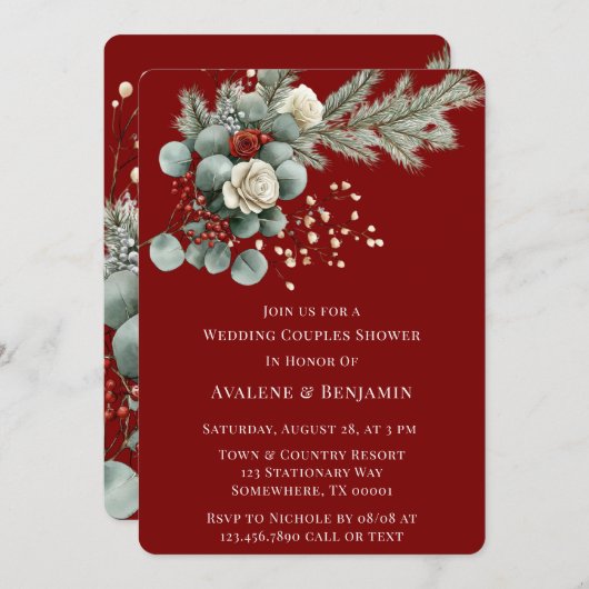 冬のフローラ赤い白結婚バラのカップルのシャワー 招待状 (正面/裏面)