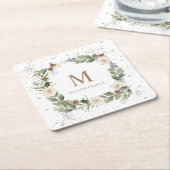 冬のフローラ金ゴールドスパークルホリディモノグラム スクエアペーパーコースター (アングル)