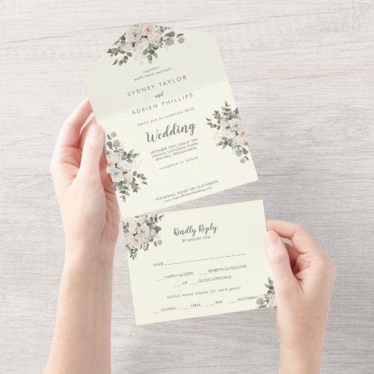 冬のフローラ |アイボリー結婚ズ オールインワン招待状 (貼ってはがせる)