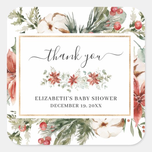 冬のフローラ |赤ちゃんシャワーのお気に入り スクエアシール (正面)