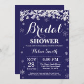 冬のブライダルシャワースノーフレークネイビーブルー 招待状 (正面/裏面)