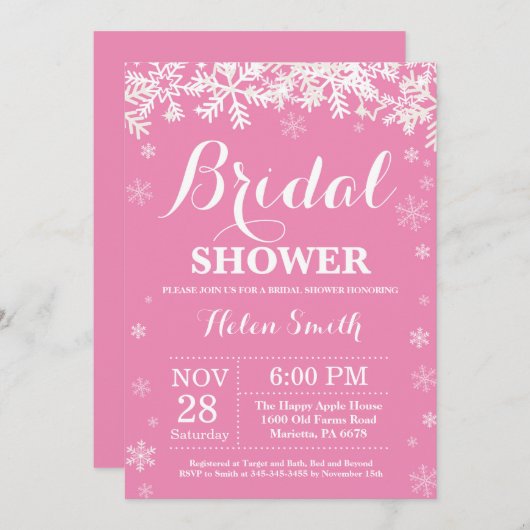 冬のブライダルシャワースノーフレークピンク招待状 招待状 (正面/裏面)