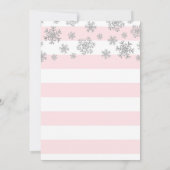 冬のブライダルシャワーピンクストライプ色のシルバースノーフレーク 招待状 (裏面)