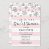 冬のブライダルシャワーピンクストライプ色のシルバースノーフレーク 招待状 (正面/裏面)