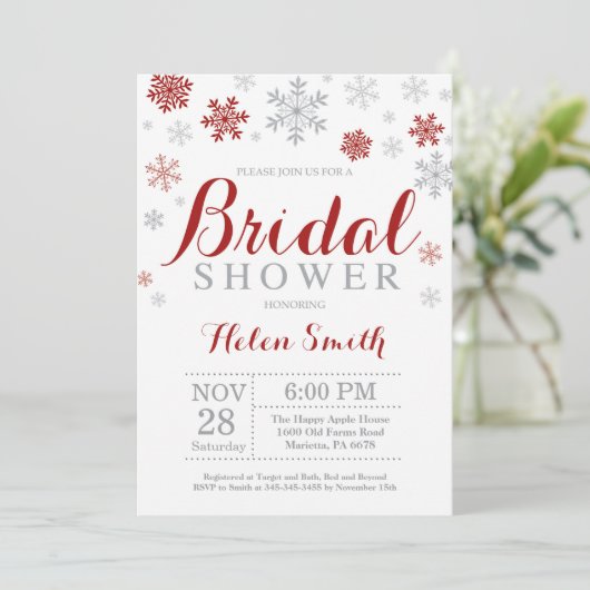 冬のブライダルシャワー招待バーガンディ雪の結晶 招待状 (スタンド正面)