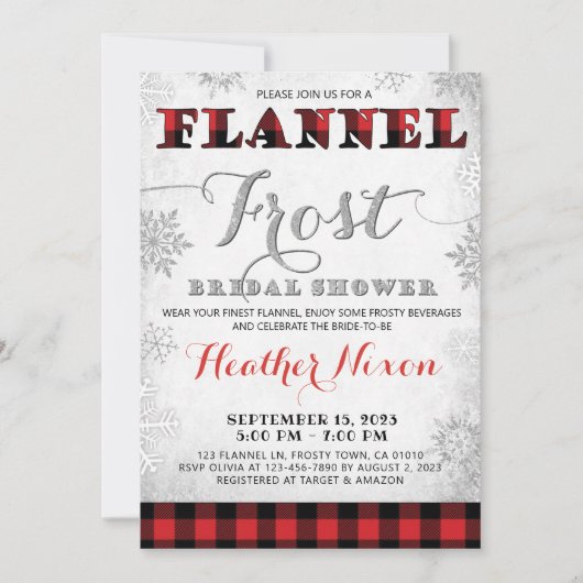 冬のブライダルシャワー招待フランネルと霜 招待状 (正面)