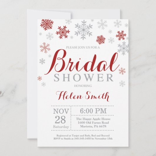 冬のブライダルシャワー招待状 バーガンディ スノーフレーク 招待状 (正面)