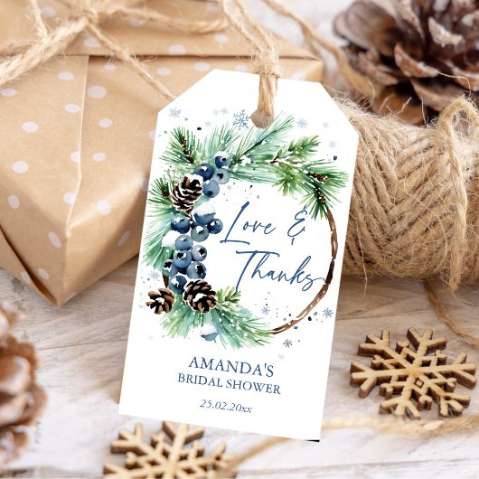 冬のブライダルシャワー水の色のパインズリースの好意 ギフトタグ