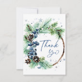冬のブライダルシャワー水の色のパインズリース サンキューカード (正面)