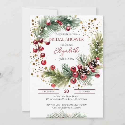 冬のブライダルシャワー水色リース赤い果実 招待状 (正面)