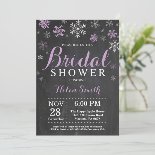冬のブライダルシャワー紫と白のスノーフレーク 招待状 (スタンド正面)