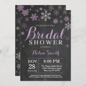 冬のブライダルシャワー紫と白のスノーフレーク 招待状 (正面/裏面)