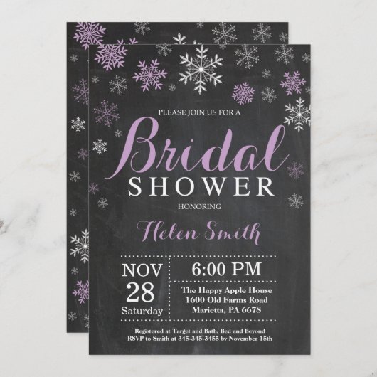 冬のブライダルシャワー紫と白のスノーフレーク 招待状 (正面/裏面)