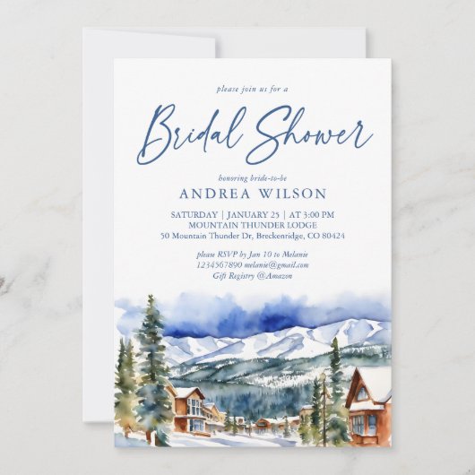 冬のブライダルシャワー雪の山村 招待状 (正面)