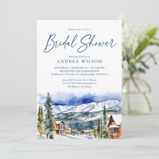 冬のブライダルシャワー雪の山村 招待状 (スタンド正面)