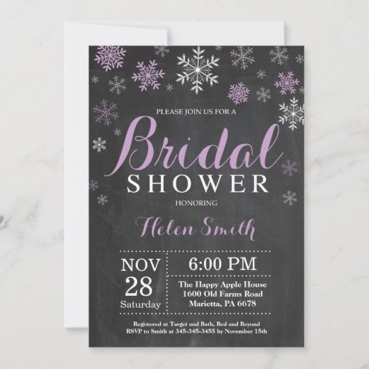 冬のブライダルシャワー パープルとホワイトのスノーフレーク 招待状 (正面)