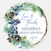 冬のブライダルシャワー 水彩画の松のリース 贈り物 ラウンドシール (正面)
