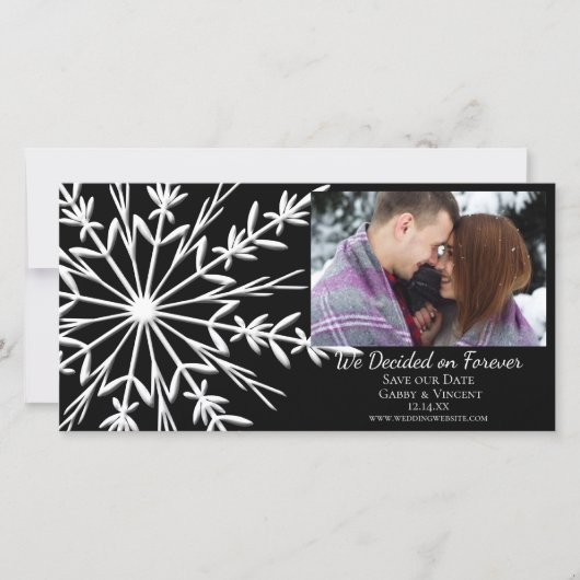 冬のブラックウェディングのスノーフレーク セーブザデート (正面)