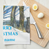 冬のブリッジ水の色絵画の キッチンタオル (四つ折り)