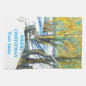 冬のブリッジ水の色絵画の キッチンタオル (横)