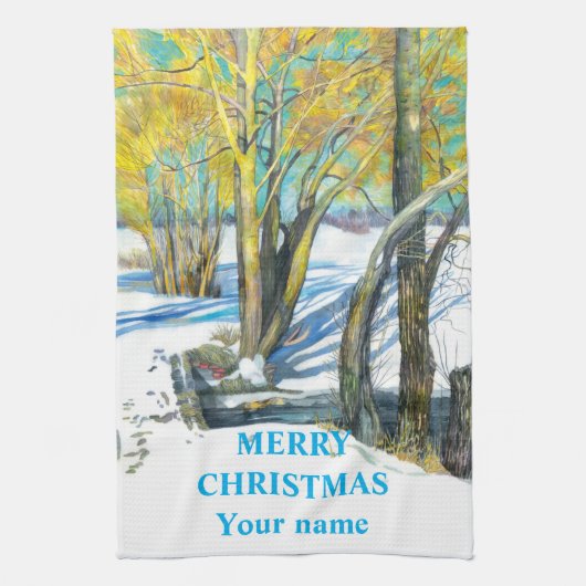 冬のブリッジ水の色絵画の キッチンタオル (縦)