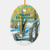 冬のブリッジ水の色絵画の セラミックオーナメント (正面)