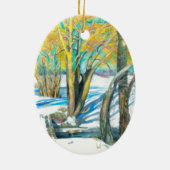 冬のブリッジ水の色絵画の セラミックオーナメント (裏面)