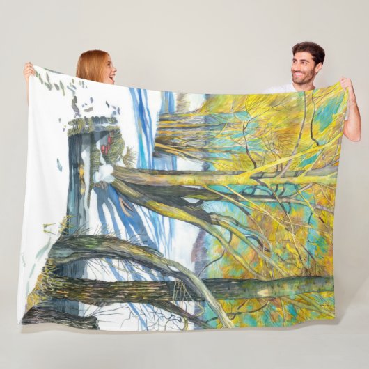 冬のブリッジ水の色絵画の フリースブランケット (インサイチュ)