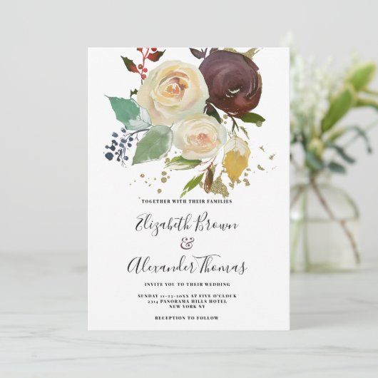 冬のブルゴーニュアイボリーミント金ゴールド結婚フローラ 招待状 (スタンド正面)