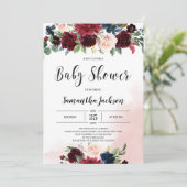 冬のブルゴーニュ海軍赤面ピンクのフローラ赤ちゃんシャワー 招待状 (スタンド正面)