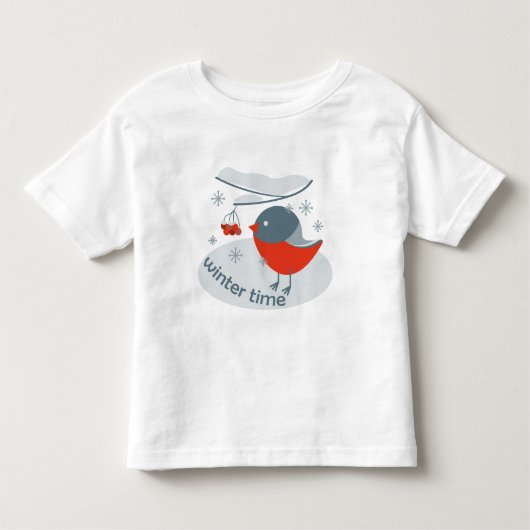 冬のブルフィンチ鳥と赤いローワンの果実T市 トドラーTシャツ (正面)