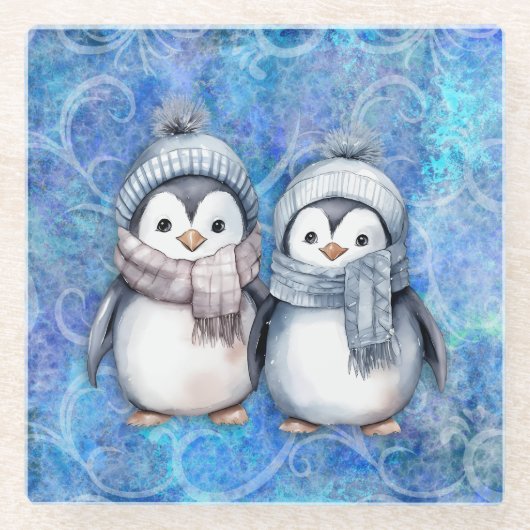 冬のブルーウォーターカラーペンギンスカーフハット ガラスコースター (正面)