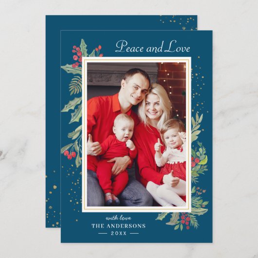 冬のブルーレッドホリーベリーのクリスマスフォト シーズンカード (正面/裏面)