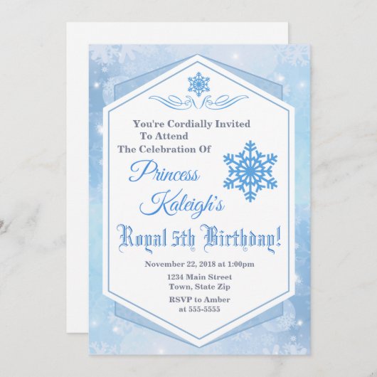 冬のプリンセス誕生日招待状スノークイーン 招待状 (正面/裏面)