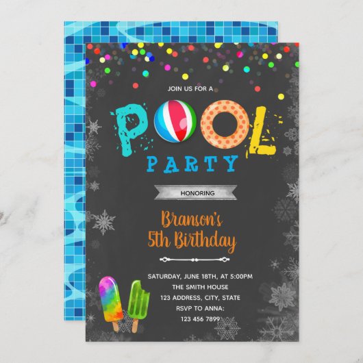 冬のプールの誕生日パーティー 招待状 (正面/裏面)