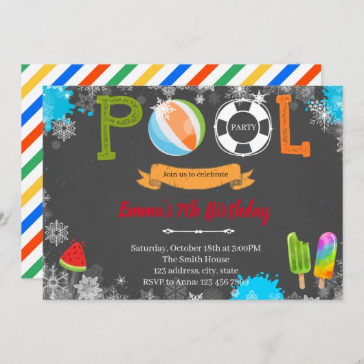 冬のプールパーティーテーマの招待 招待状 (正面/裏面)