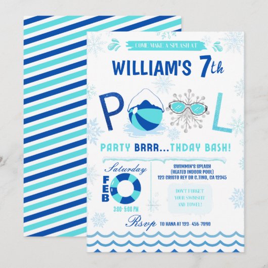 冬のプールパーティー | 水泳の誕生日招待状 招待状 (正面/裏面)