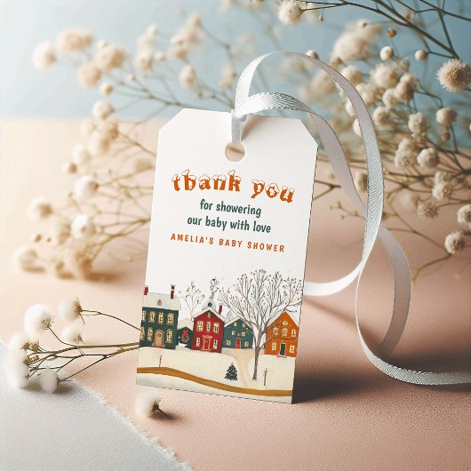 冬のベイビーシャワーの感謝を表すスノービレッジのギフトタグ ギフトタグ