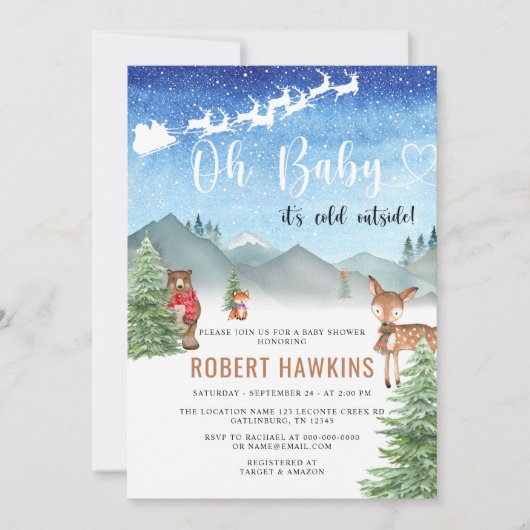 冬のベビーその冷たい外の男の子の赤ちゃんシャワー 招待状 (正面)