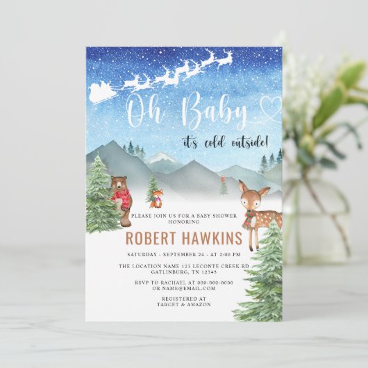 冬のベビーその冷たい外の男の子の赤ちゃんシャワー 招待状 (スタンド正面)