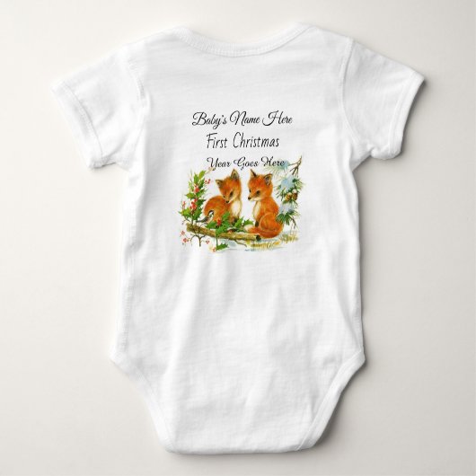 冬のベビーの初めてのクリスマスの水彩画のキツネ ベビーボディスーツ (裏面)