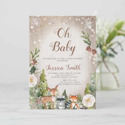 冬のベビーアニマルウッドランド少年の赤ちゃんシャワー 招待状 (スタンド正面)