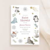 冬のベビーアニマルズベビーガールシャワー招待状 招待状