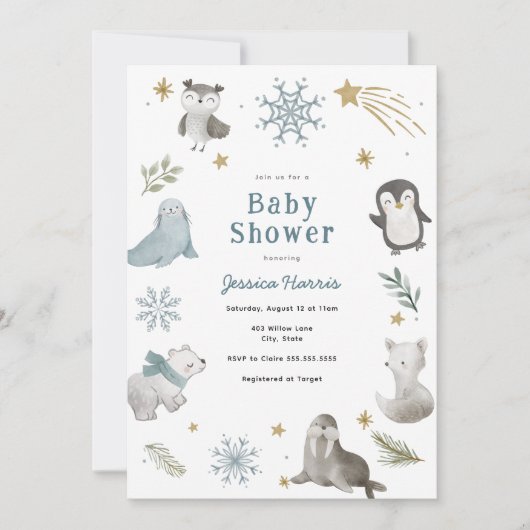 冬のベビーアニマル男の赤ちゃんシャワー招待状 招待状 (正面)