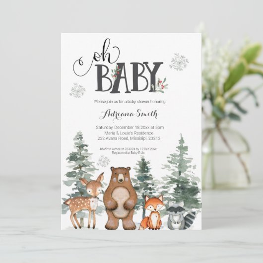 冬のベビーウッドランドの赤ちゃんシャワー招待 招待状 (スタンド正面)