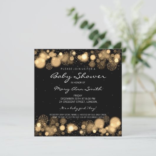 冬のベビーエレガントシャワー金ゴールド 招待状 (スタンド正面)