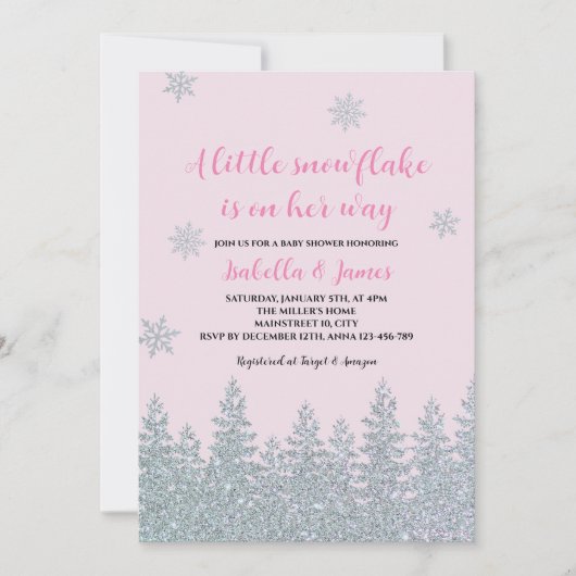 冬のベビーガールシャワーウッドランドリトルスノーフレーク 招待状 (正面)