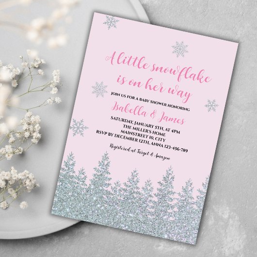 冬のベビーガールシャワーウッドランドリトルスノーフレーク 招待状