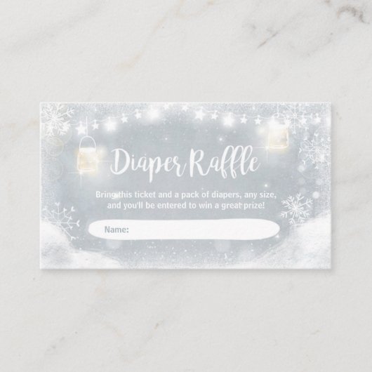 冬のベビーシャワーのおむつのラッフルカード素朴な雪 エンクロージャーカード (正面)