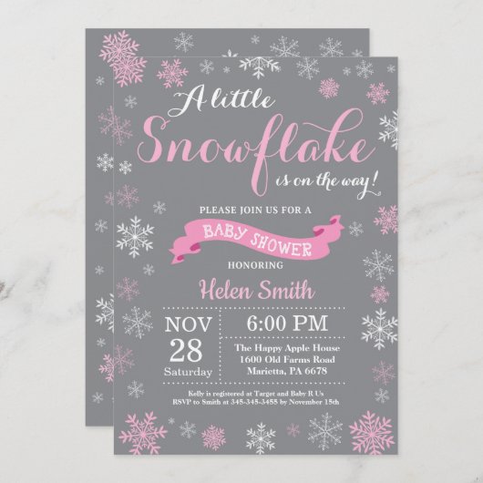 冬のベビーシャワーのピンクの白いおよび灰色の雪片 招待状 (正面/裏面)